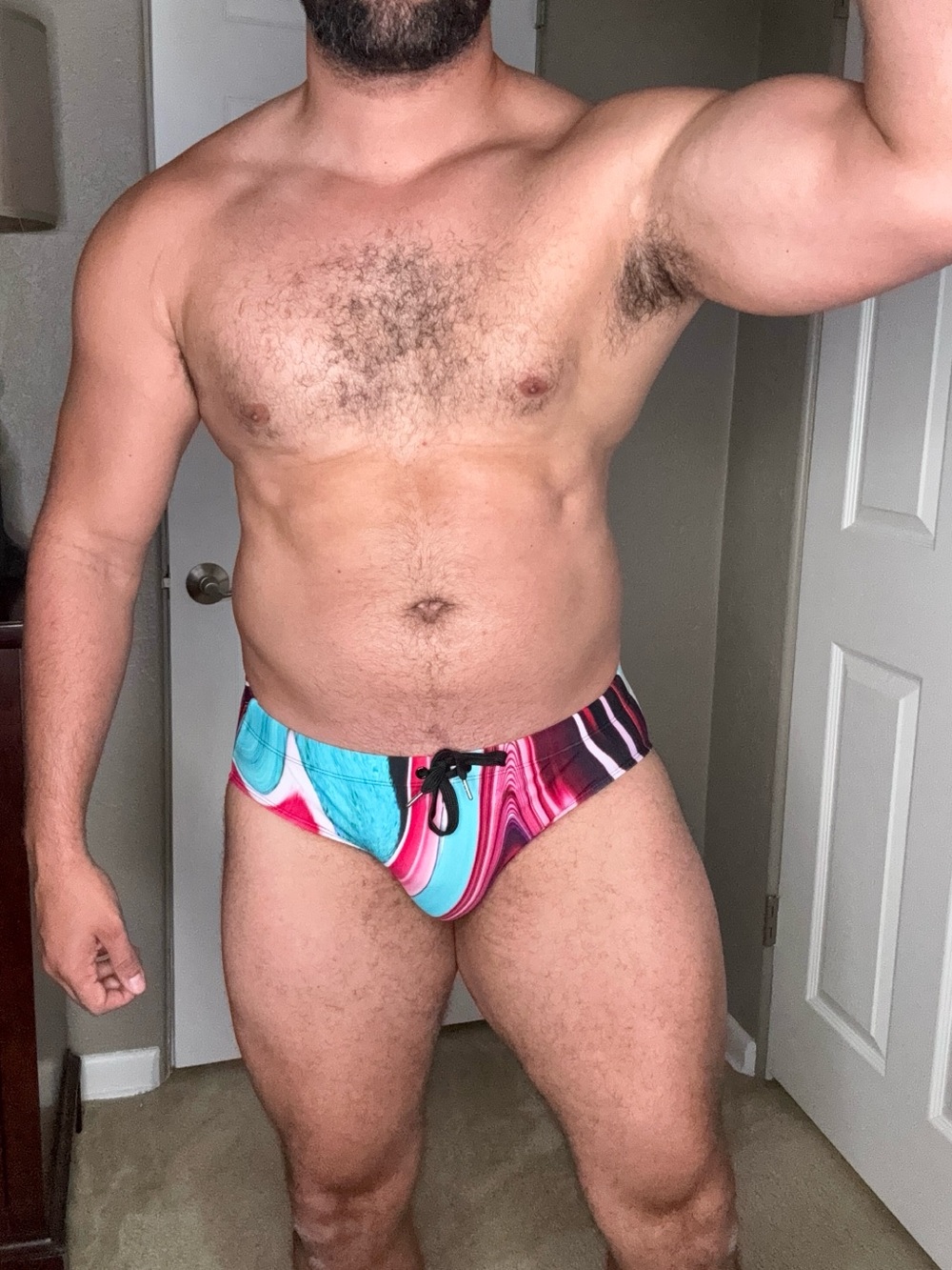 POOLBOY Men's Marble-Print Swim Trunks - Turquoise & Pink
